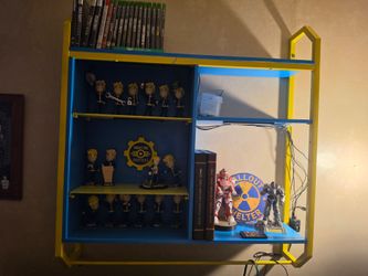 Fallout/Vault tech bobbleheads & hand made wall display with led lighting!