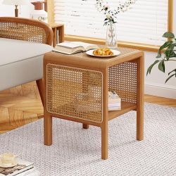 Rattan Side Table Small End Table mid Century Living Room Wood Vintage Side Accent Table japandi Rattan Boho nightstand