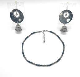 Designer Earrings And Chain- Grey Shaded Style -Swaroski Center Crystal On Jhumka Earrings And Crystal Glass Beads Shaded Chain