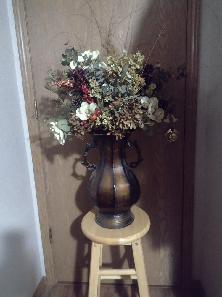Silk Flower Arrangement with Metal Vase Home Decor