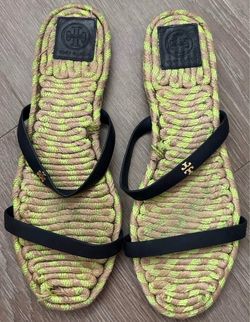 Tory Burch Two Band Flat Espadrille Slide Navy Green Leather Sandals Size 10