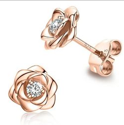Rose Gold Rose Stud Earrings with CZ Stone