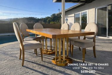 Modern Wood & Gold Dining Table + 8 Chairs – Used
