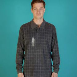 NEW, IZOD MEN'S L/S GRAY CHECKERED FLEECE POLO SHIRT, SIZE L.