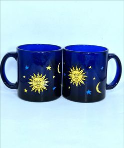 Vintage Libbey Celestial Cobalt Blue Mugs - Pair of 2 - Etched/Cloudy