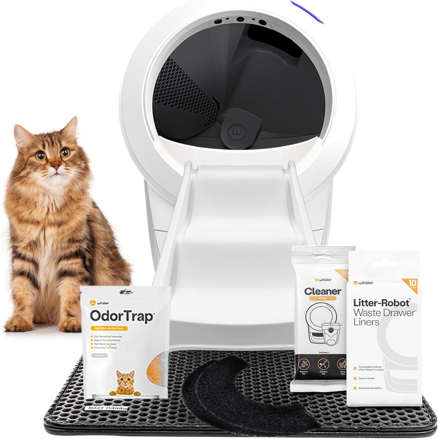 Litter-Robot 4 Supply & Accessory Bundle by Whisker, White- Automatic Self-Cleaning Cat Litter Box, Includes Litter-Robot 4, Ramp, Mat, 3 OdorTrap Pac