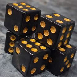 Set of 5 Black & Gold 16mm Dice with Velvet Pouch - Custom Gaming D6 Set