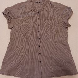 Black And White Check Button Up Blouse 