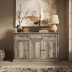 BIG SALE 56” Vintage Weathered Oak Finish Wood 56 in. Sideboard Buffet Storage Dining Cabinet 3-Doors Drawers for Kitchen Living Room