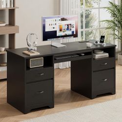 59 in. Rectangular Black Computer Desk with Drawers and Power Outlet, Home Office Desk with Keyboard Tray