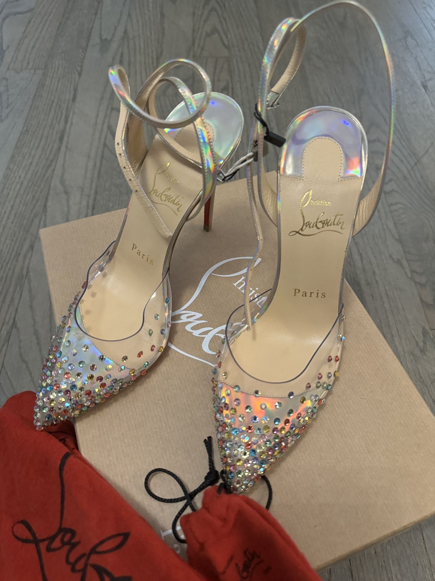 CHRISTIAN LOUBOUTIN Spikaqueen 100 Crystal-Embellished Pvc Iridescent heels 36.5