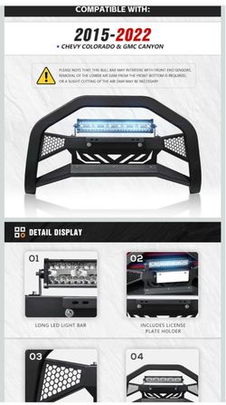 Bull Bar Compatible with 2015-2022 Chevy Colorado & GMC Canyon LED Light License Plate Frame Front B