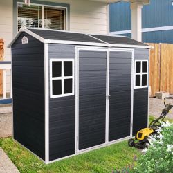 4 ft. x 8 ft. Resin Outdoor Garden Storage Shed with Double Windows and Double Doors, Floor Covering 32 sq. ft., Black