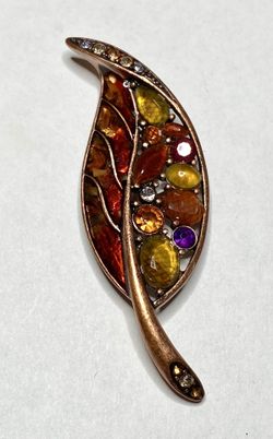 Vintage Liz Claiborne Copper Tone Enamel Autumn Leaf Brooch Pin 3” t x 1”