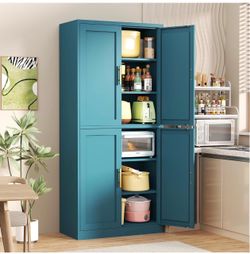 71" H Tall Metal Pantry Cabinet with 4 Doors and 4 Adjustable Shelves, Kitchen Pantry Storage Cabinets, Blue Pantry Cabinet for Living, Dining Room