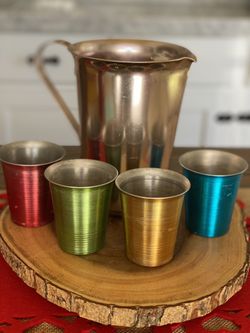 Aluminum Pitcher And Cups Vintage