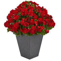 (Set of 2) Nearly Natural Indoor/Outdoor UV Resistant Red Geranium Artificial Plant in Slate Plater
