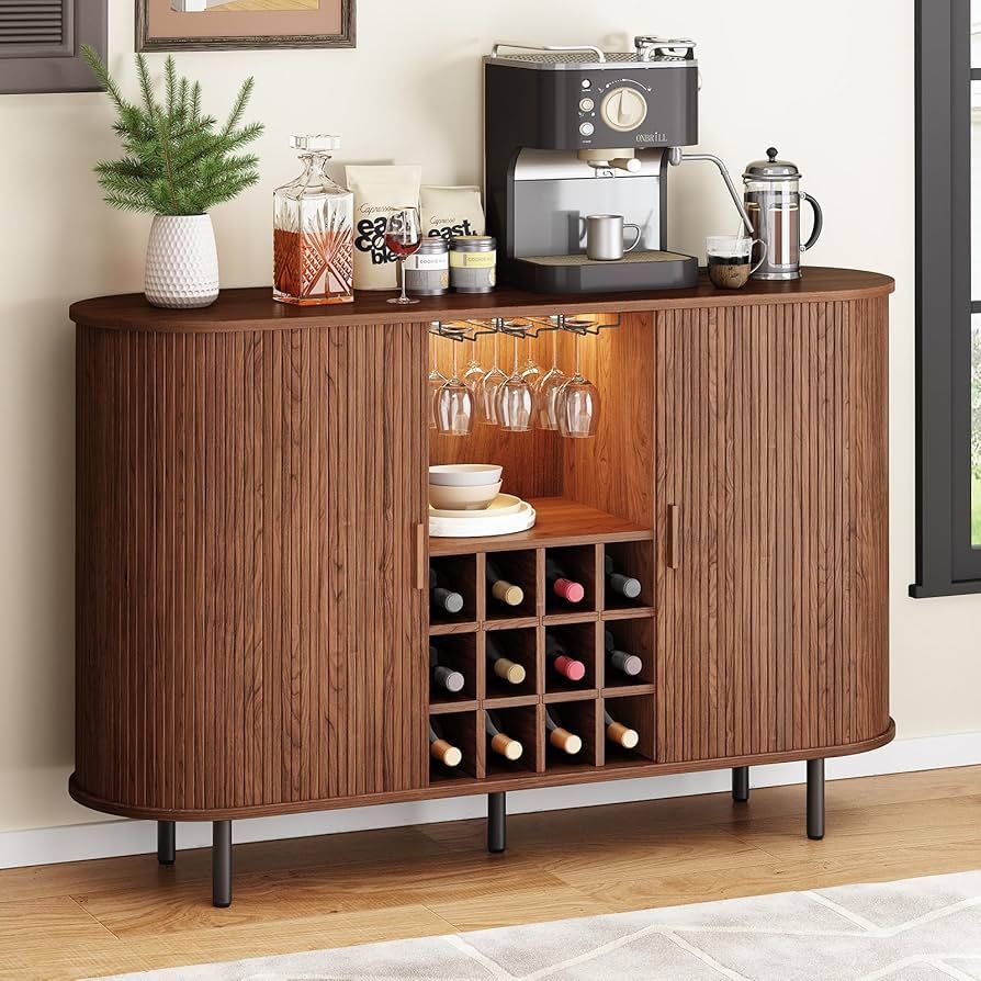 55" Wine Bar Cabinet with LED Light,Modern Liquor Whiskey Coffee Station with Wine Rack and Glass Holder, Farmhouse Buffet Sideboard with Storage for