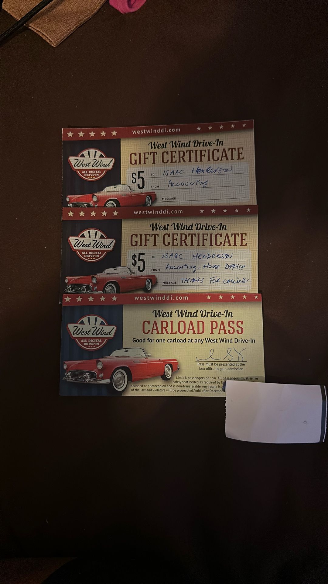 Westin’s Drive In Carload Pass And 2 Gift Certificates