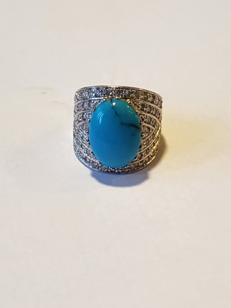 STUNNING Turquoise Daimond Sterling Silver Ring Sz7