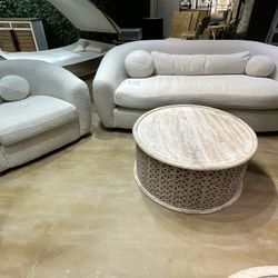 white Halo Sofa and swivel chair drum style