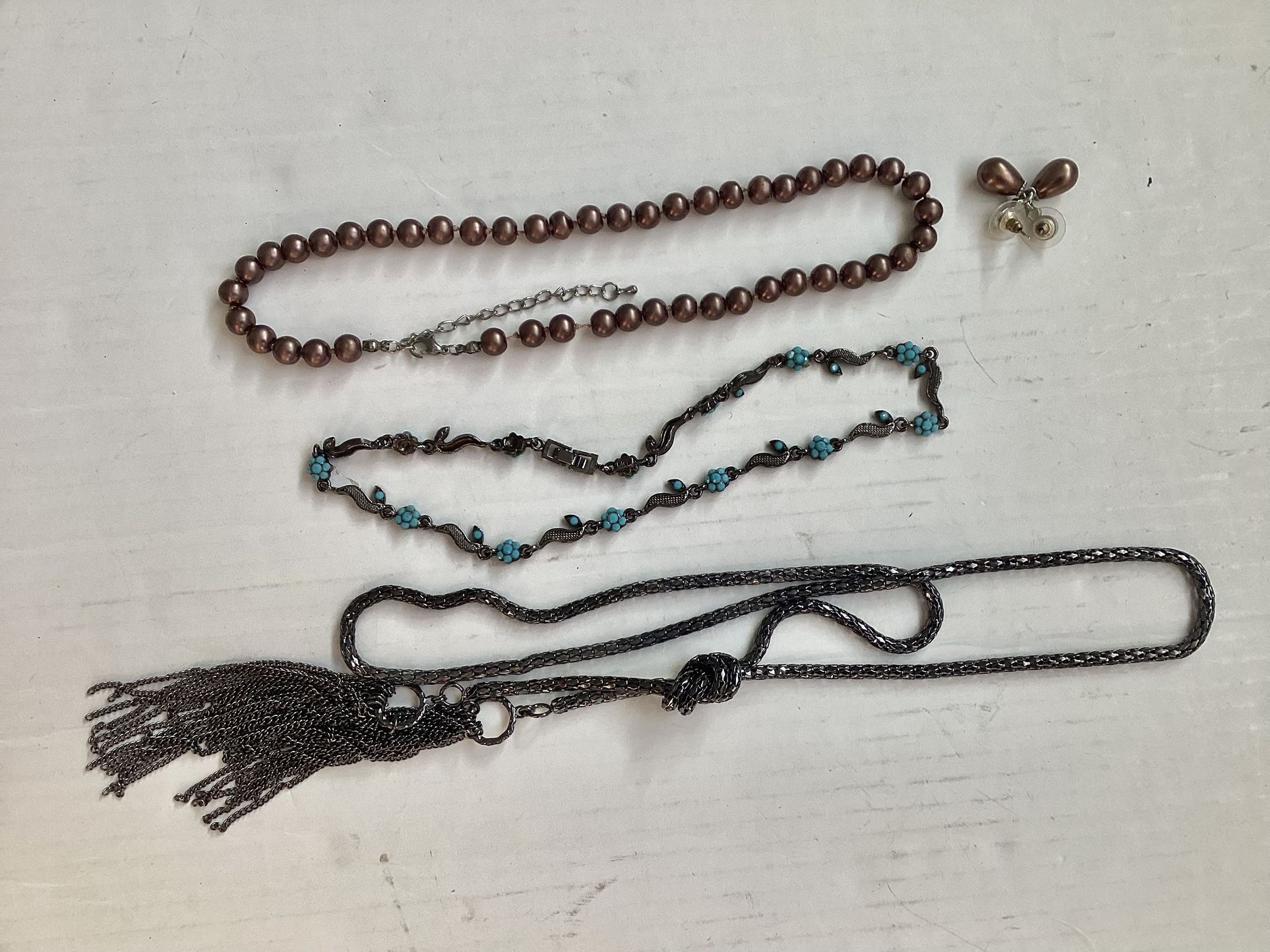 3 Vtg. 1950s to 1980s Necklaces Flapper Style, Synthetic Brown Pearls + Earrings Metal