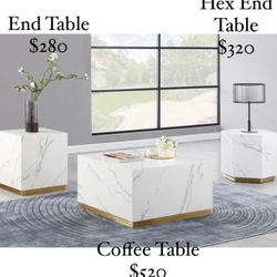 White Marble With Gold Accent Trim Brand New In Box Each Item Sold Separately Coffee Table $520 End Table $280 Hexagon End Table $320