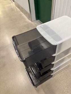Five individually stackable plastic storage containers. 16” wide, 20 “ long , 9 “ high . $40 for all