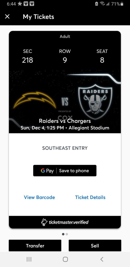 Raiders Vs Chargers Sunday 2 tickets