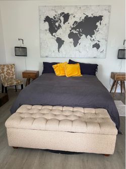 Queen size bed frame and mattress with linens