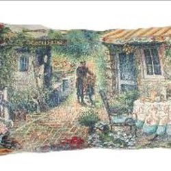 Turn-of-Century French Village Tapestry Pillow, Velvet Back, Fringe, 23”X11”X6”