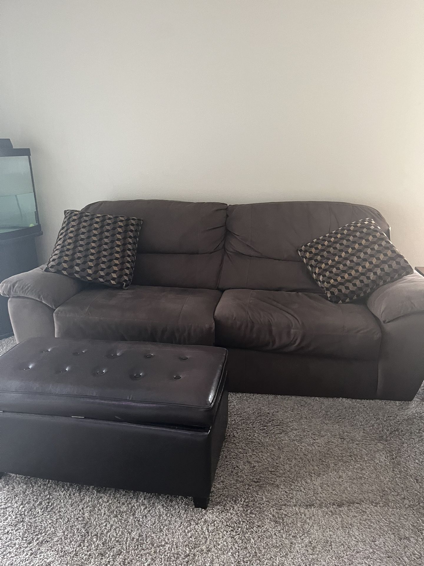 Brown Couch/ Love Seat, Ottoman, End Table, and Lamp