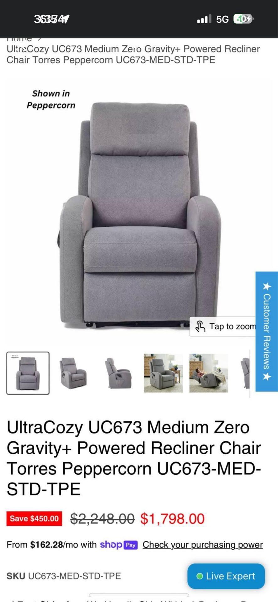 UltraCozy UC673 Medium Zero Gravity+ Powered Recliner Chair Torres Peppercorn UC673-MED-STD-TPE