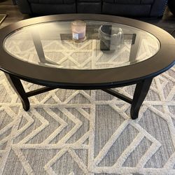 Oval Wood And Glass  Coffee Table and 2 Wood End Table