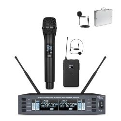 Hiberr Vocal Wireless Microphone, Dual Channel UHF Wireless Mic 2x60 Adjustable Frequencies, 300Ft Range, for Singing, Small Concerts, DJ Performances