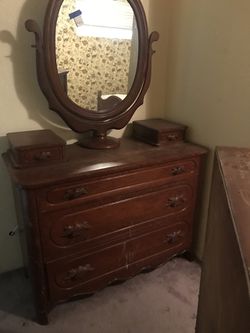 Antique Cherry Wood Bedroom Set, Antique Cherry Wood Dresser With Mirror