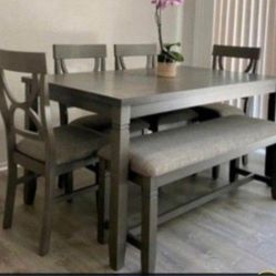 ✅️✅️(6 pc  Grey finish wood dining table set grey padded seat chairs and bench✅️✅️✅️