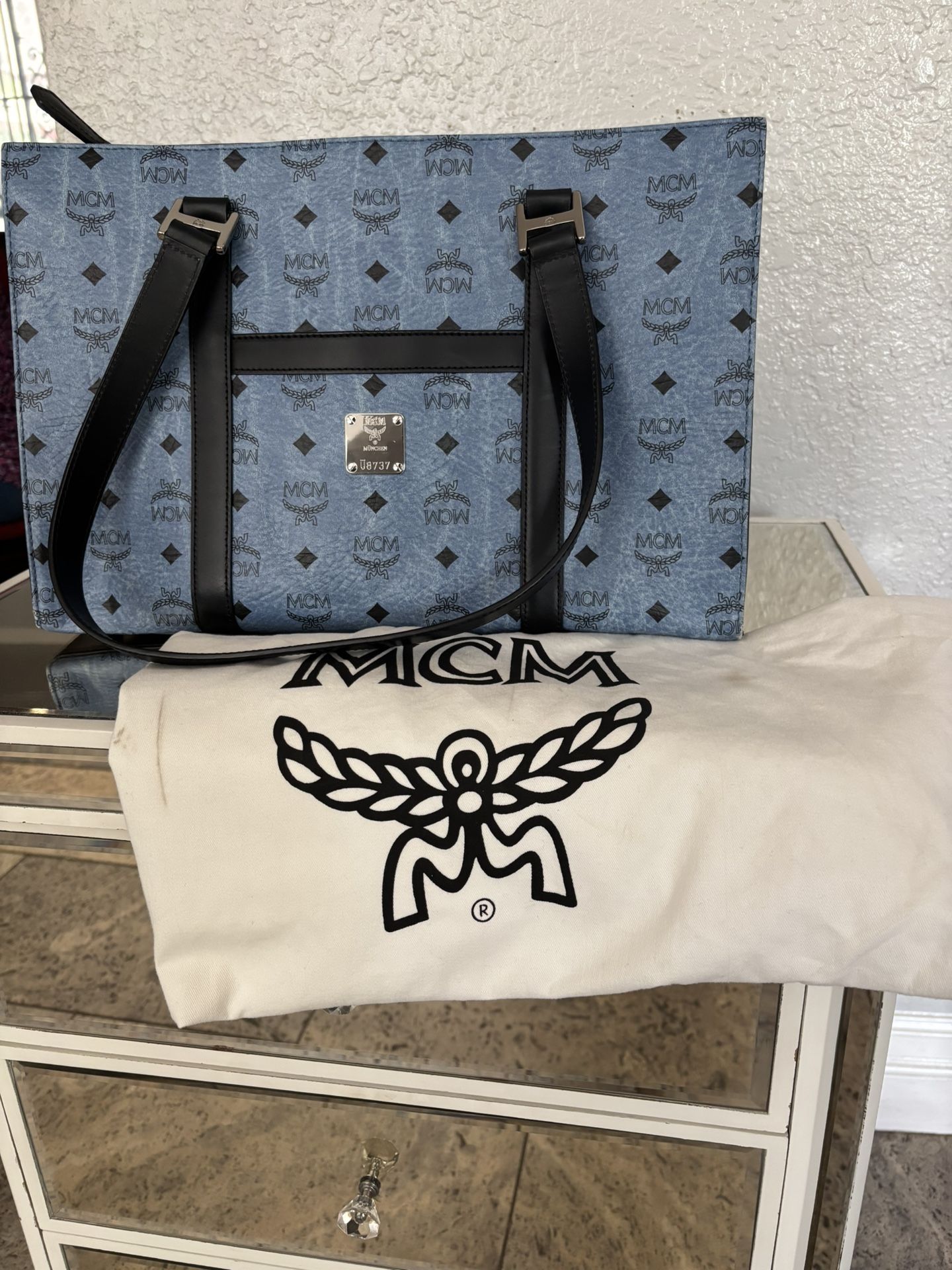 Authentic MCM Liz Reversible Tote – Blue Visetos