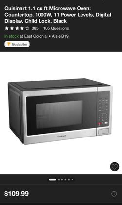 Microwave Oven: Countertop, 1000W. Microondas Cuisinart 1.1