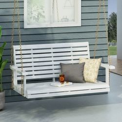 New Porch Swing Tasmania Outdoor Slatted Backrest Acacia Wood in White, 800lbs Max Weight