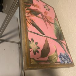 Handmade Custom Side Table With Pink Jungle Wallpaper Lacquered And Special Gray Metal Work 