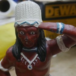 Vintage Native American Indian Chief Cast Iron Coin Bank Saluting Axe. collectible  