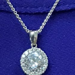 925 Sterling Silver Cubic Zirconia Solitaire Halo Eternity Necklace 18"