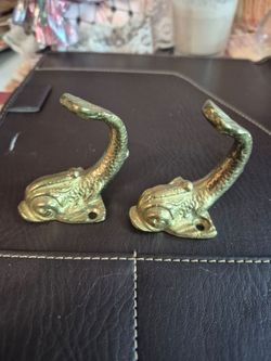 Vintage Solid Brass Koi Fish / Nautical Dolphin Wall Hooks - Pair of 2”