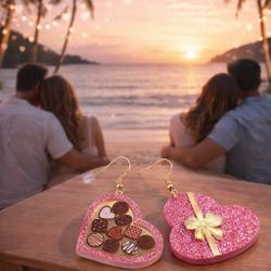 Valentine’s Day Heart-Shaped Chocolate Gift Box Bow Earrings Set Women Cute Fashion