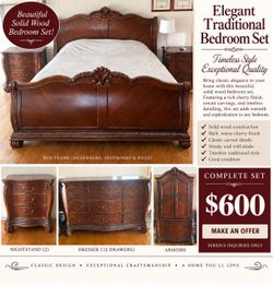 Timeless Traditional Style Five Piece Bedroom Set.  King size bed.