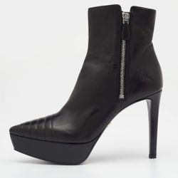 Prada Black Leather Pointed Toe Platform Ankle Length Boots Size 7