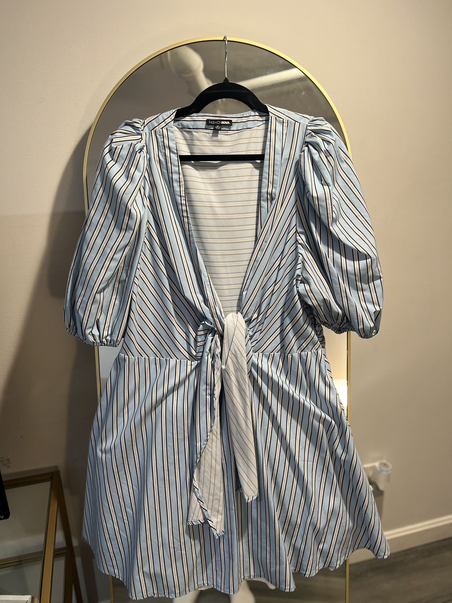 Blue Striped Front Tie Mini Dress