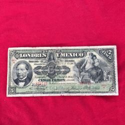 Billete Antigo De 🇲🇽 5 Pesos Banco Londres Y Mexico1910