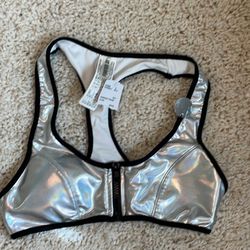 Forever 21 new swimsuit bikini sport bra top silver black zip front small halographic 